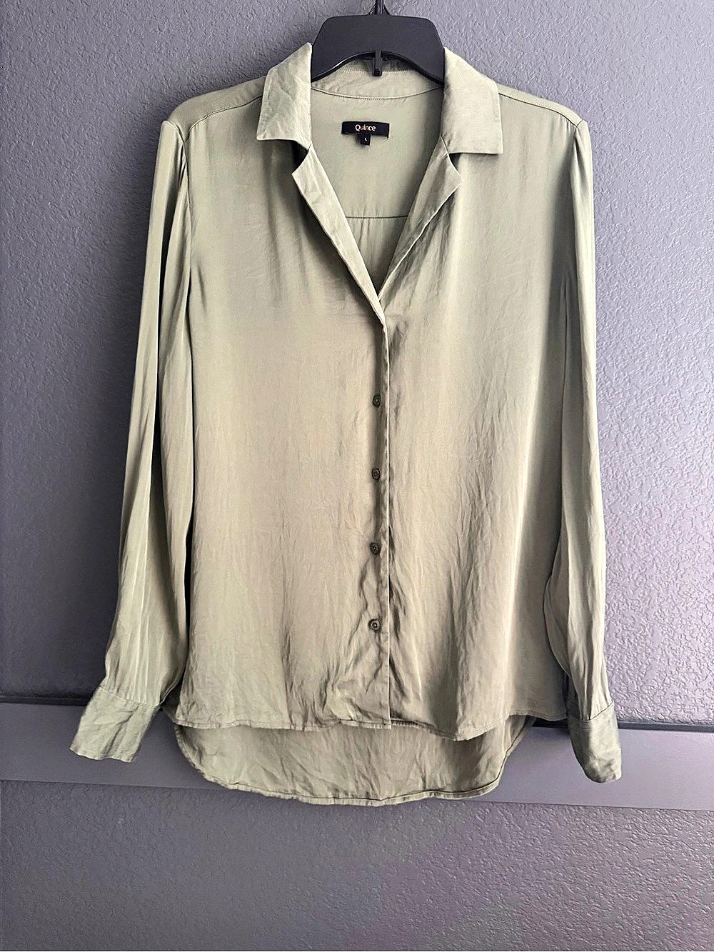 QUINCE • Washable Stretch Silk Notch Collar Blouse Moss green Large long sleeve